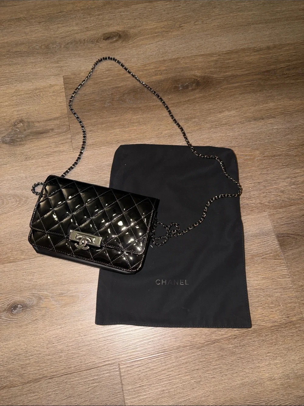 CHANEL Black Patent Quilted Chain Crossbody Bag
